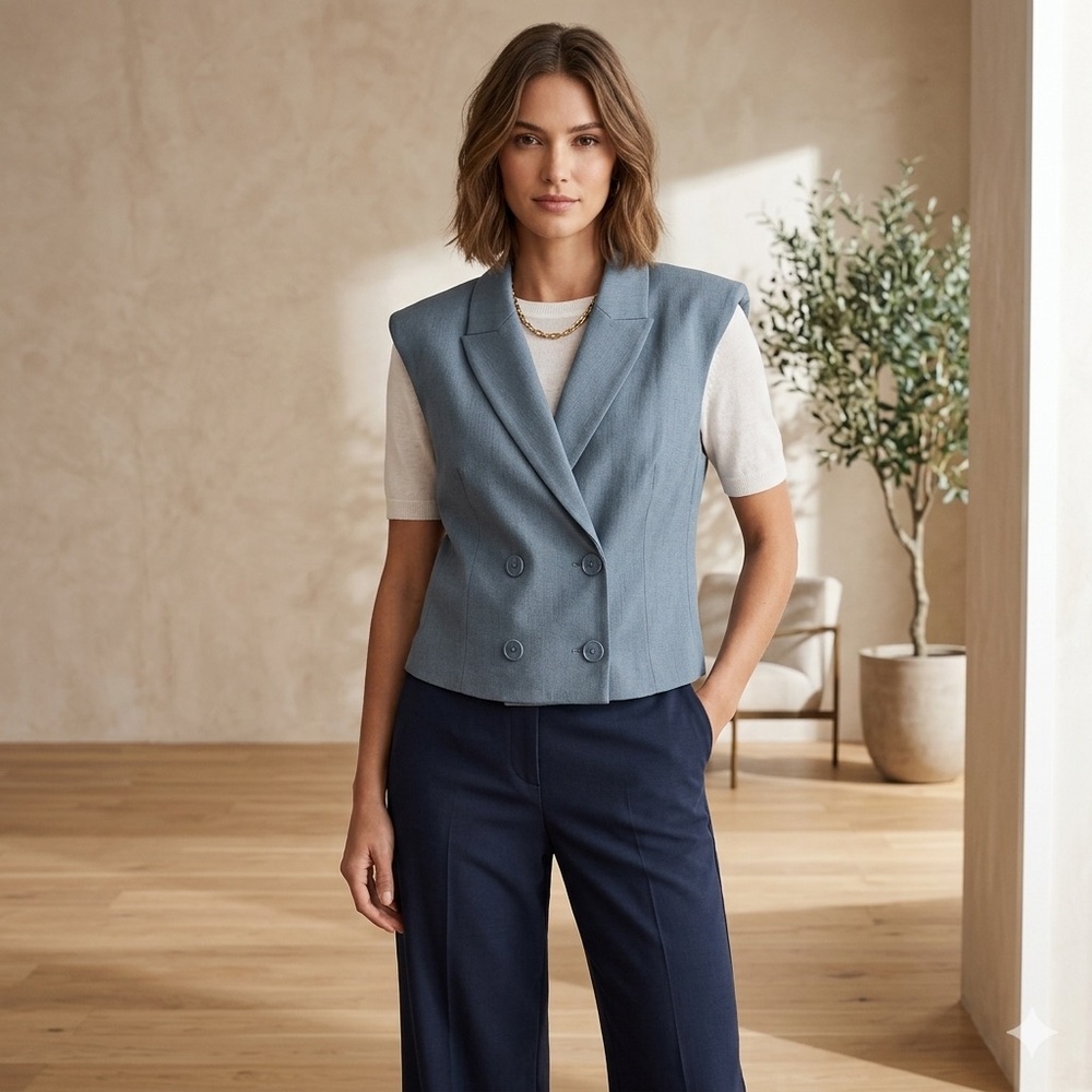 NWT Express Women tailored Shoulder  Pad Sleeveless Vest Dusty Blue Size L